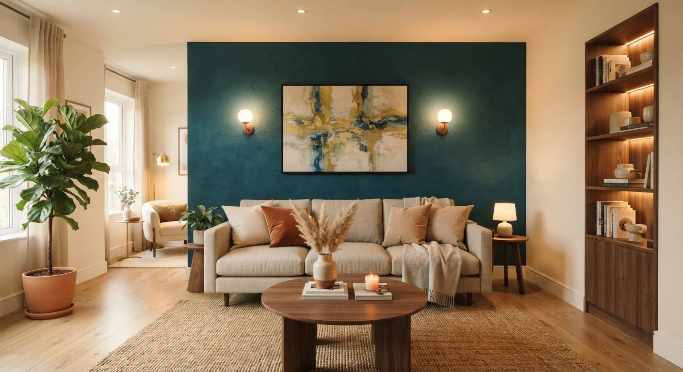 A living room with a deep teal textured accent wall behind a gray sofa and warm lamp