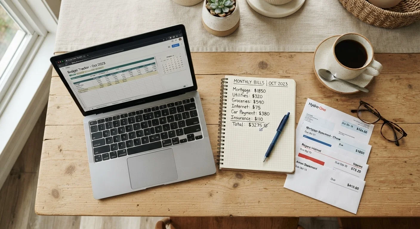 Kitchen table with laptop, household bills, notepad, and coffee cup for budget review