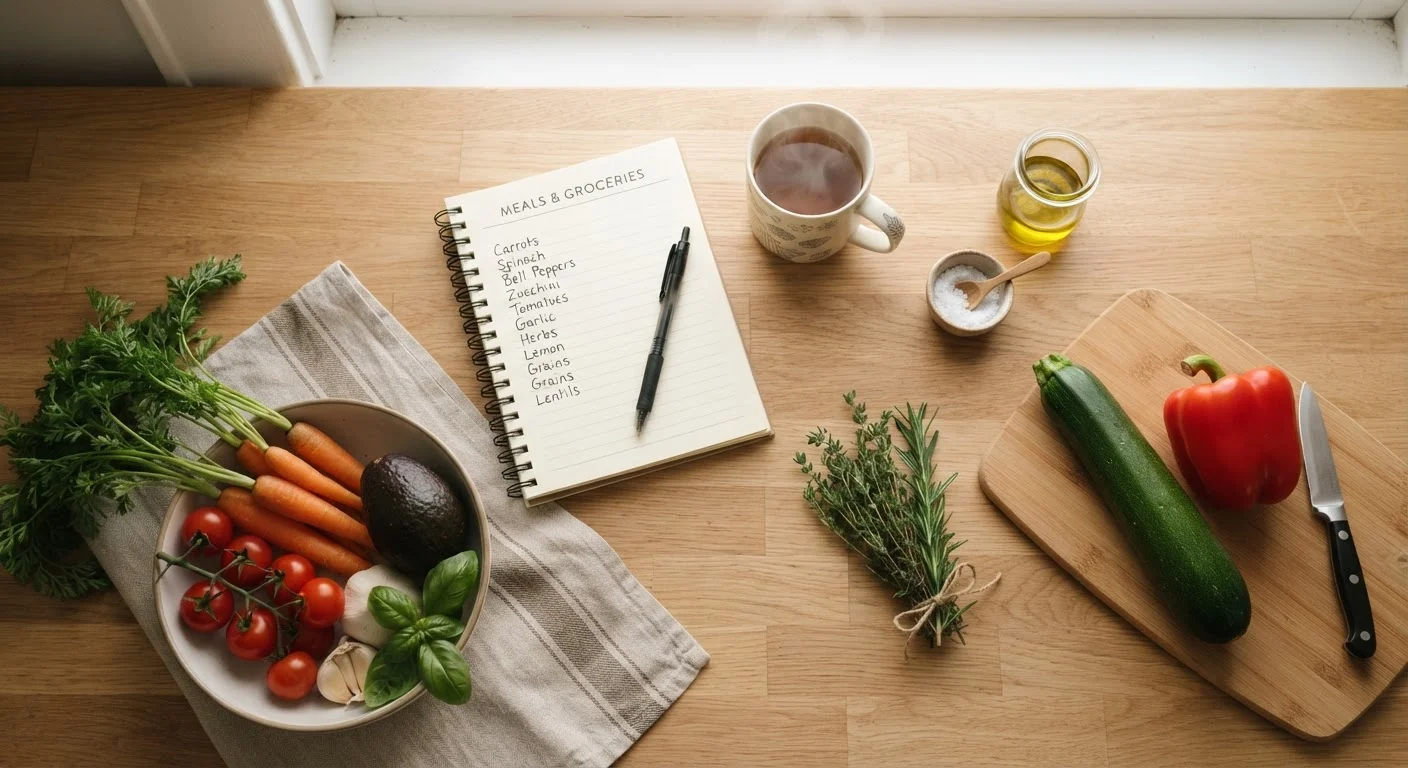 A notepad and pen beside fresh vegetables on a bright kitchen counter, ready for grocery planning