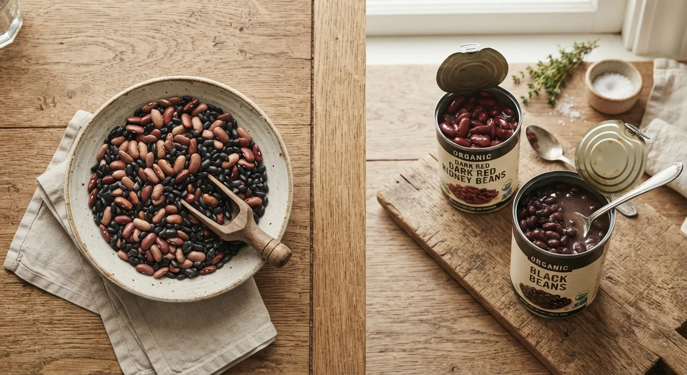 A split image showing dried beans in a bowl alongside several open cans of beans on a wooden counter
