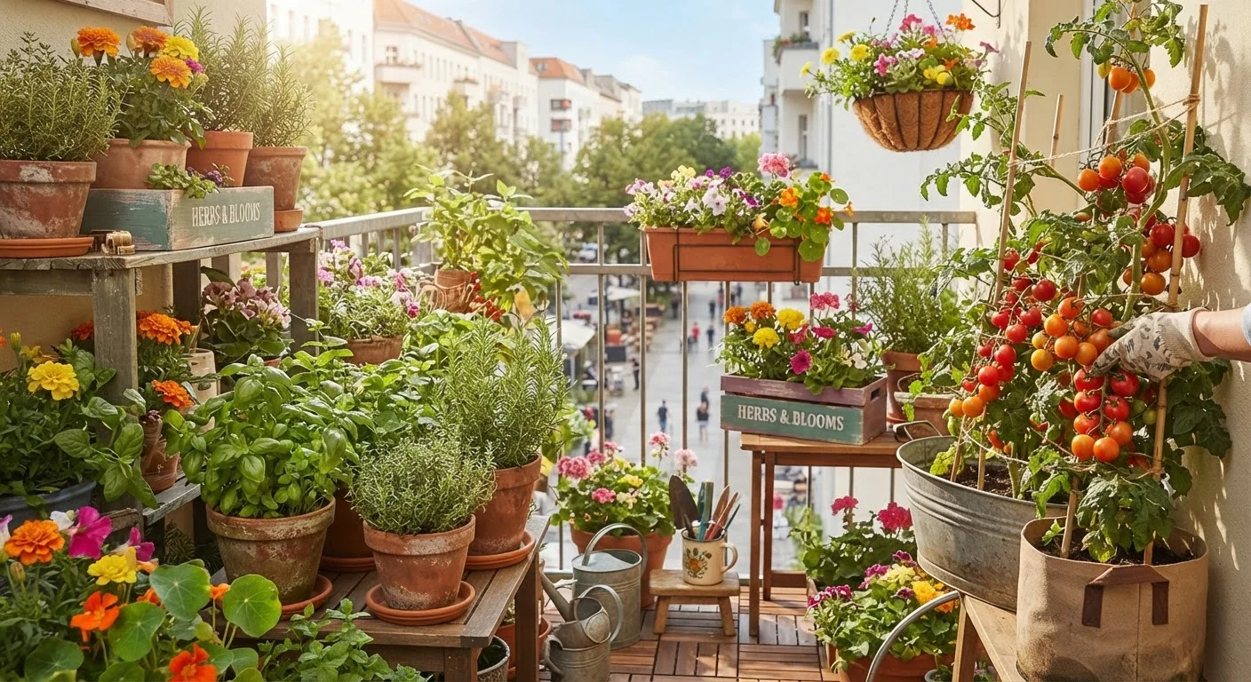 A balcony covered in mismatched pots and containers growing herbs, vegetables, and flowers
