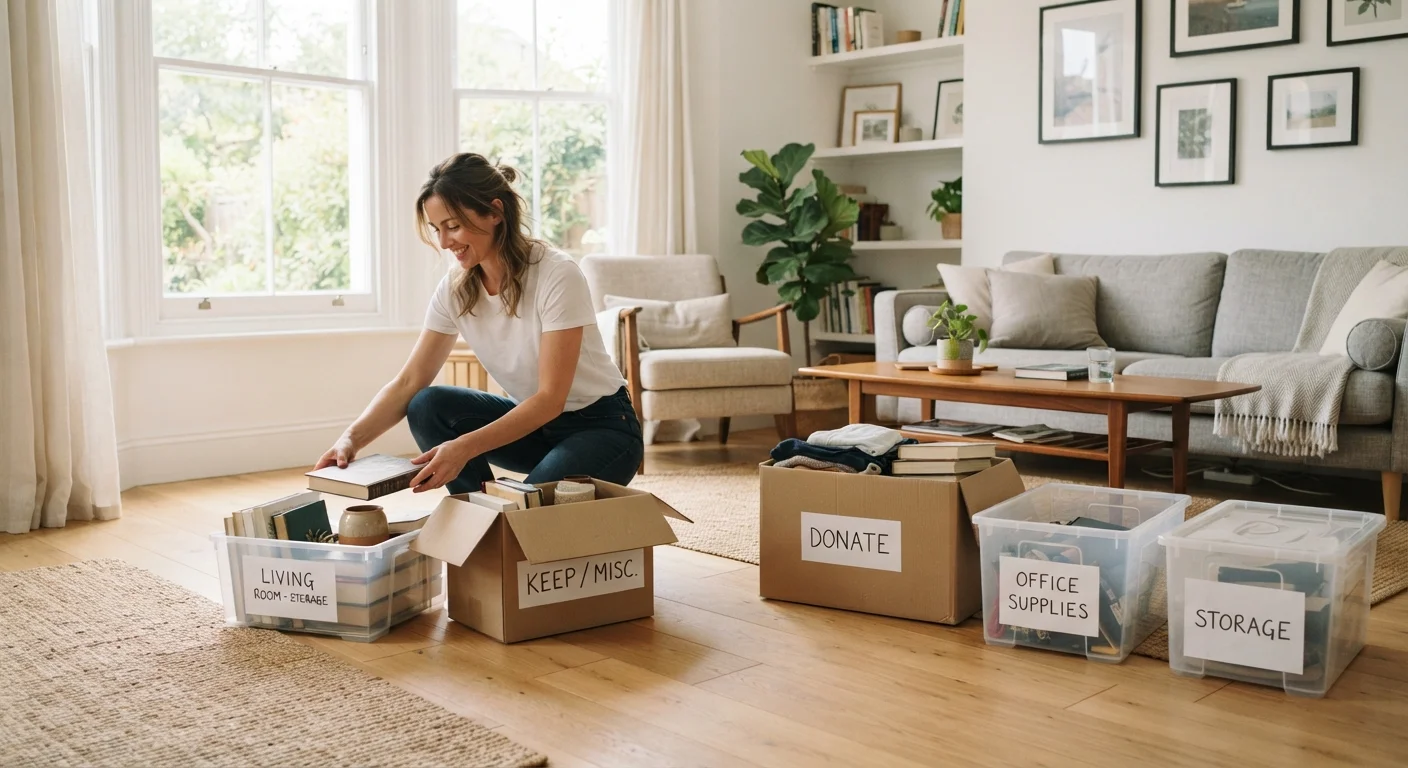A tidy living room with labeled storage bins and cardboard boxes during a family decluttering session