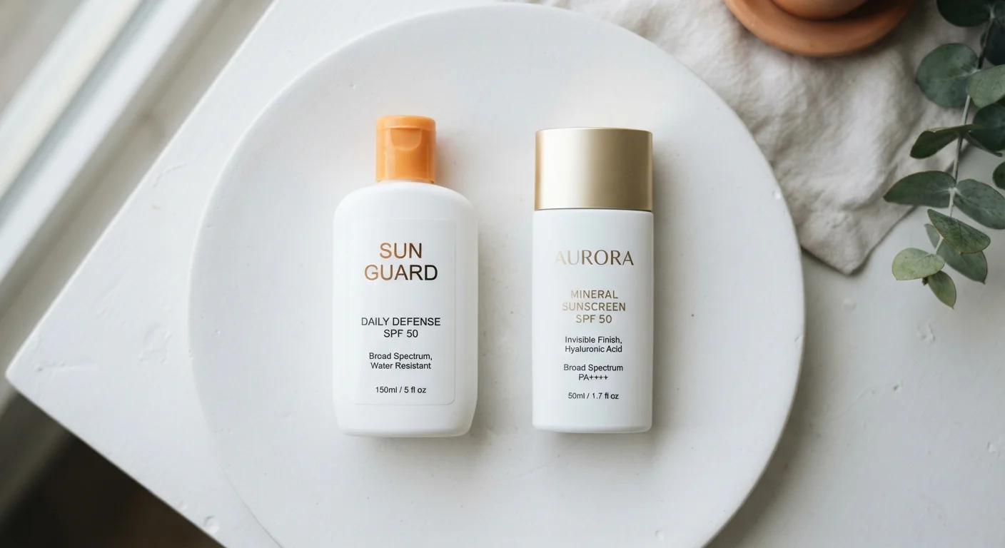 Two sunscreen bottles side by side on a white surface, one drugstore and one premium