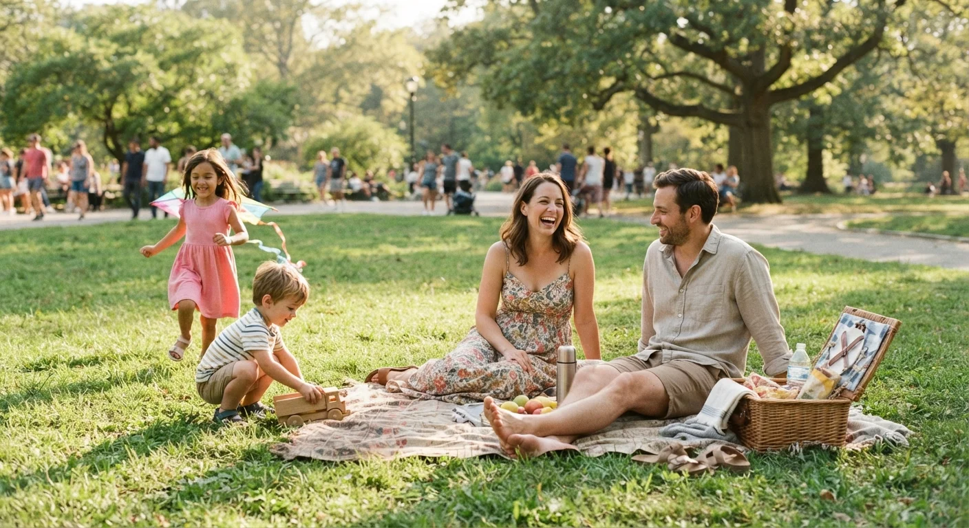 A family relaxing together in a public park on a sunny afternoon with a picnic
