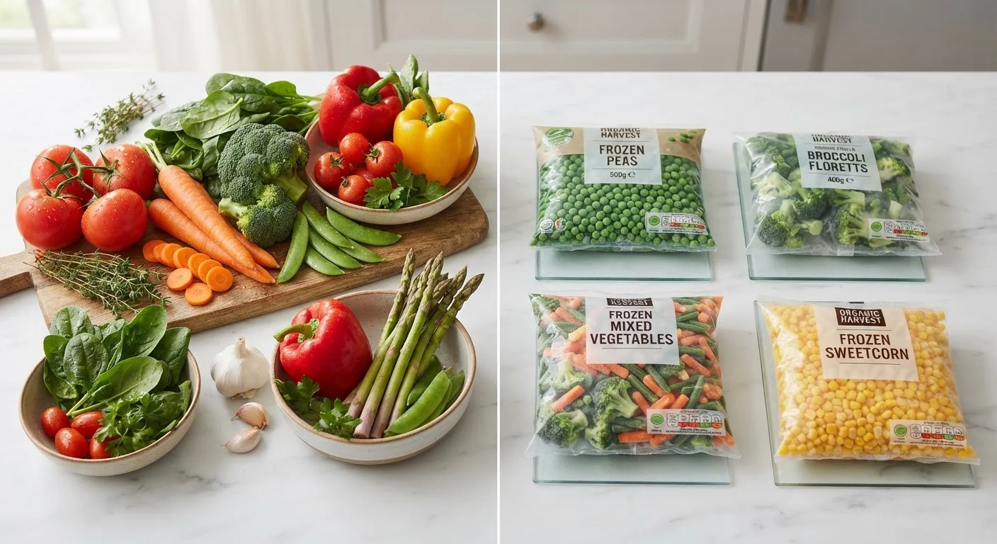 Side-by-side display of fresh and frozen vegetables on a clean white surface
