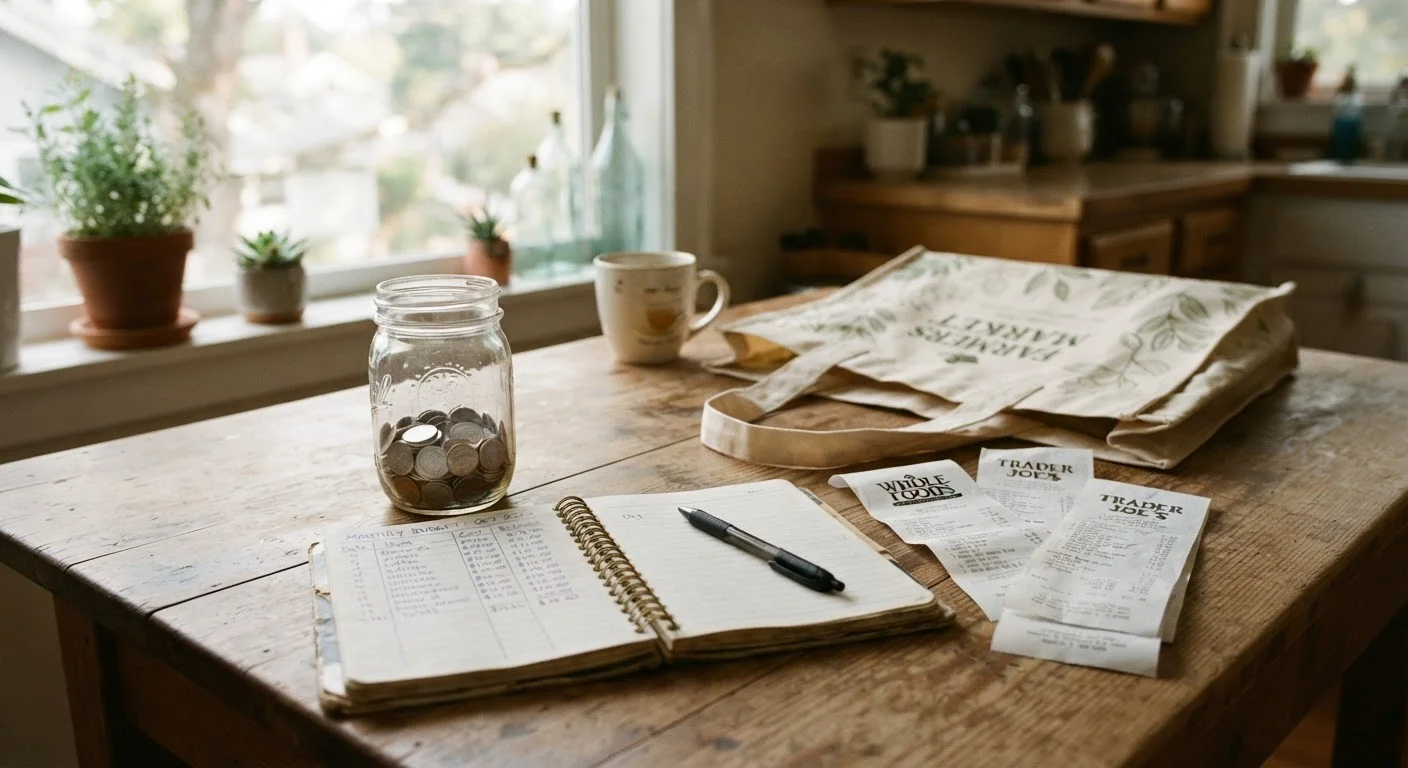 A budget notebook, coin jar, and grocery receipts arranged on a family kitchen table