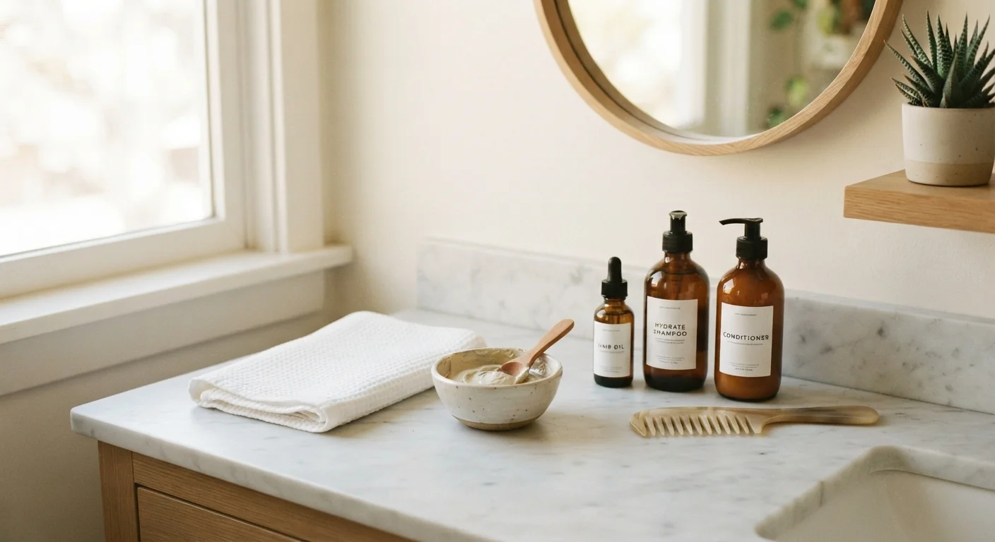 Bathroom countertop with hair care products, a wide-tooth comb, and a folded white towel