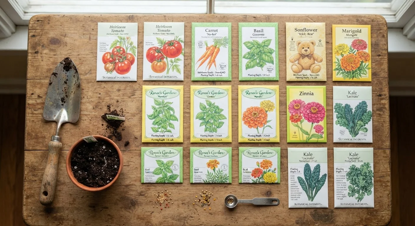 Several colorful seed packets spread out on a wooden table beside a small garden trowel