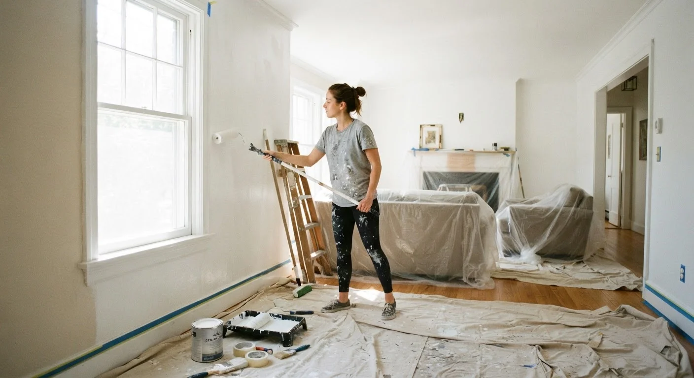 A homeowner rolling white paint onto a living room wall with drop cloths on the floor