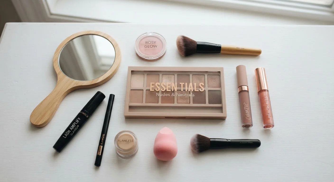 Affordable everyday makeup products arranged neatly on a white surface in natural light