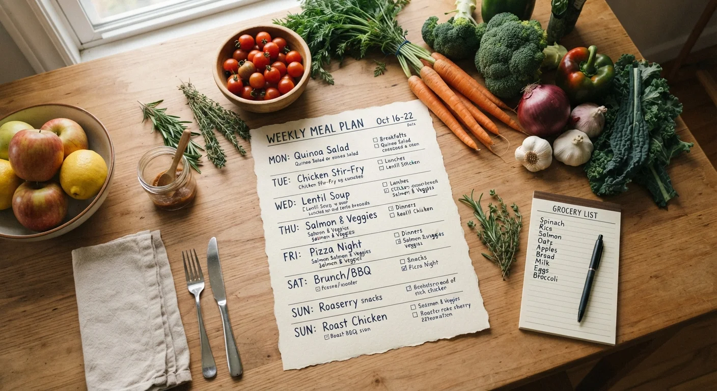 Family kitchen table with a handwritten weekly meal plan, fresh vegetables, and a grocery list notepad
