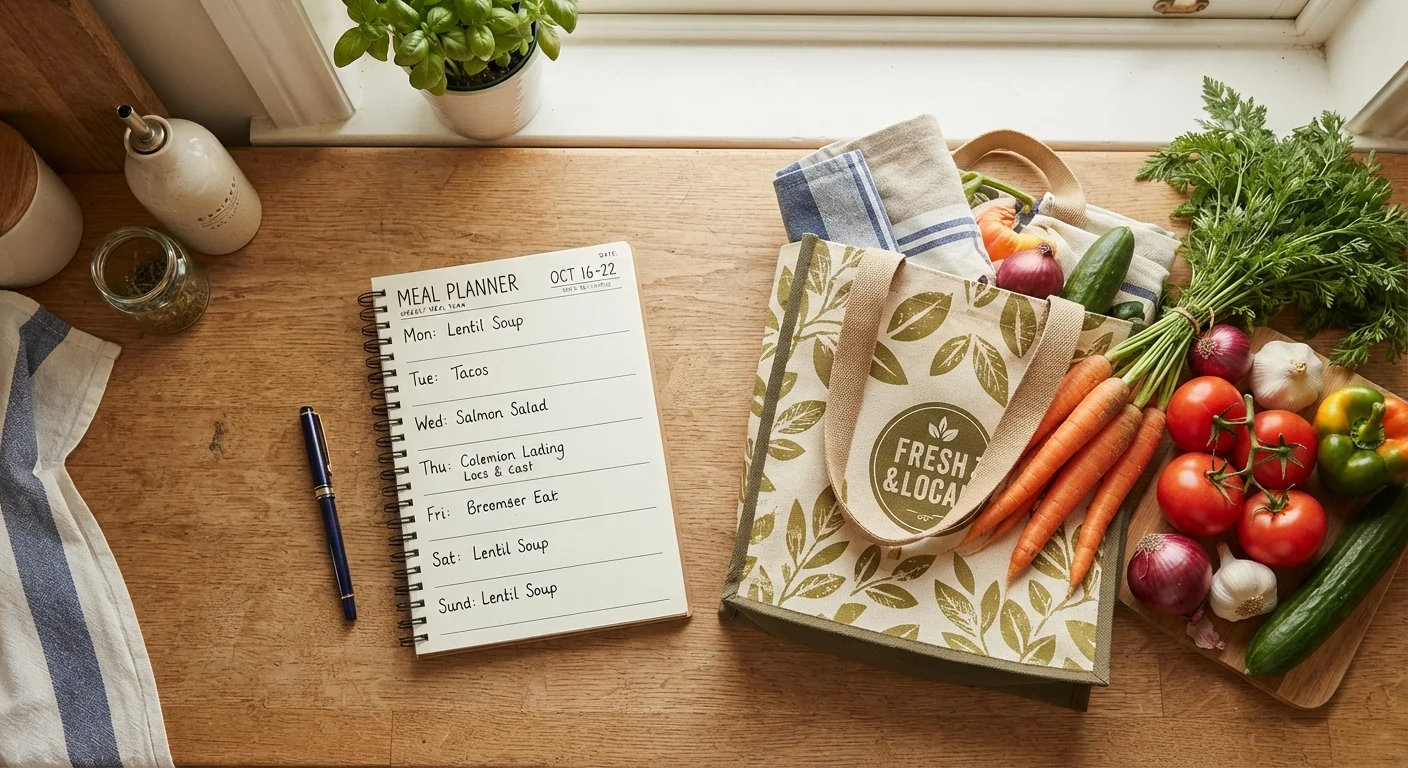 Overhead view of a meal plan notebook beside a reusable grocery bag and fresh vegetables on a kitchen counter