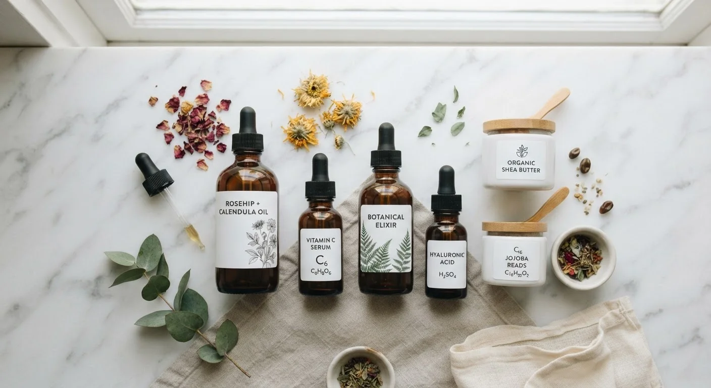 Glass skincare bottles arranged on marble with plant and chemical formula labels side by side