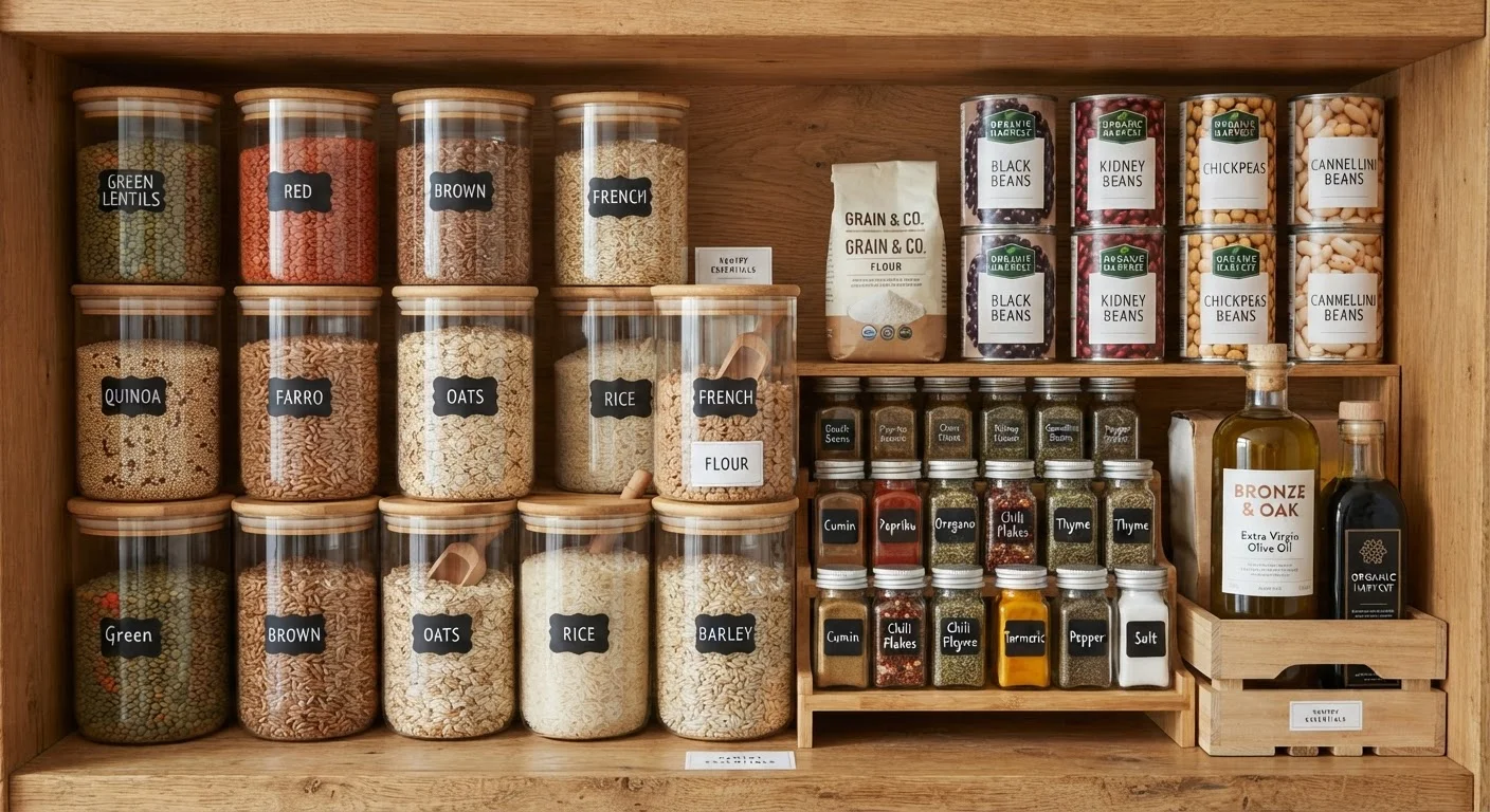 Organized pantry shelf displaying dried legumes, canned goods, whole grains, and spice jars