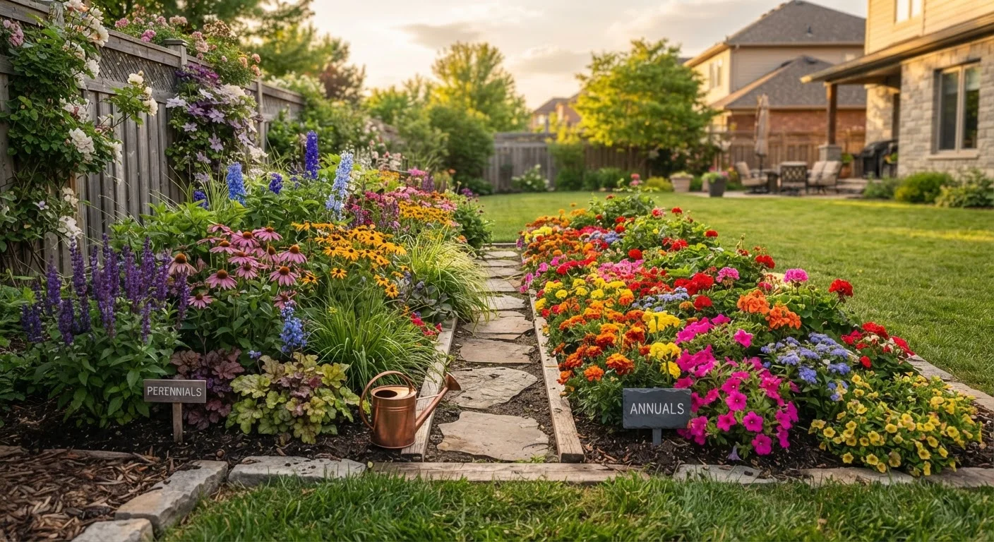 A garden split between perennial plants on one side and annual flowers on the other side