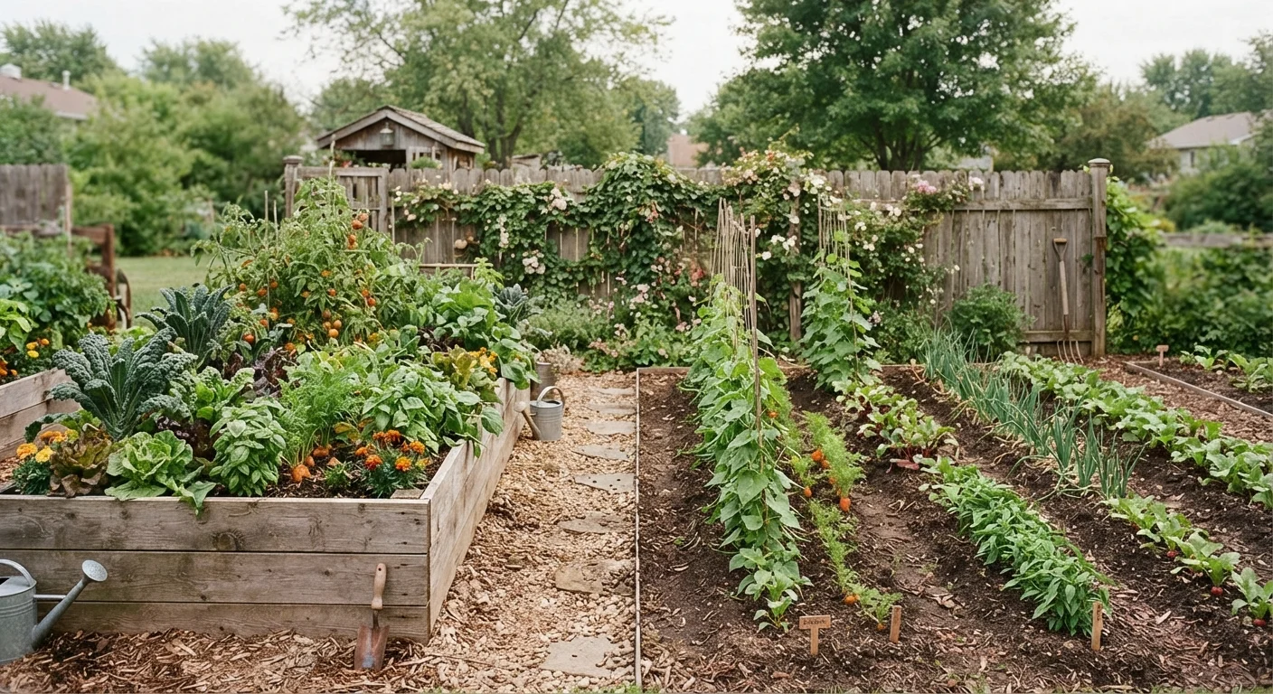 Side-by-side view of a wooden raised garden bed and a traditional in-ground vegetable garden in a backyard