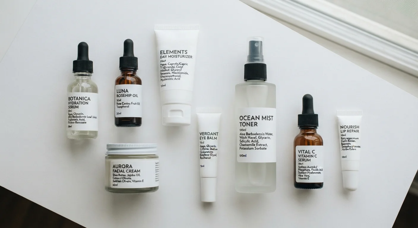 Assorted skincare and beauty product bottles arranged flat lay showing ingredient labels clearly