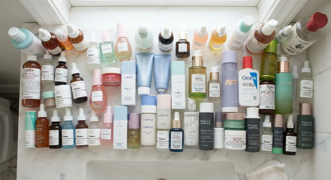 A cluttered bathroom counter filled with many skincare bottles, serums, and toners