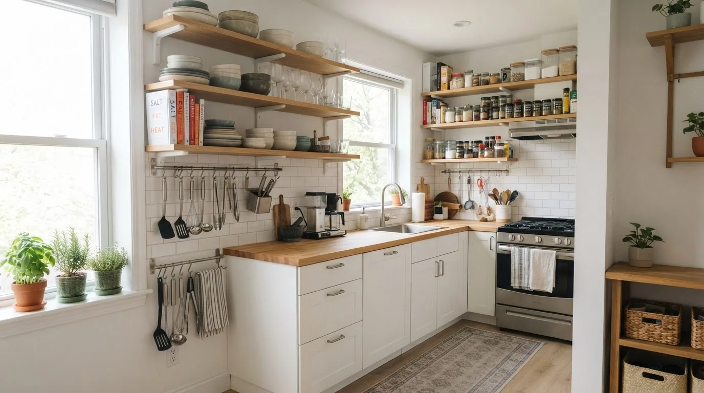 A small but well-organized kitchen with open shelves, clear counters, and hanging storage rails