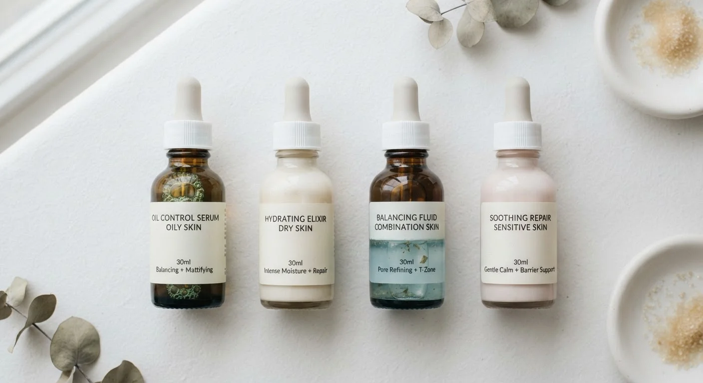 Four skincare bottles in a flat lay representing the four main skin types on a white surface