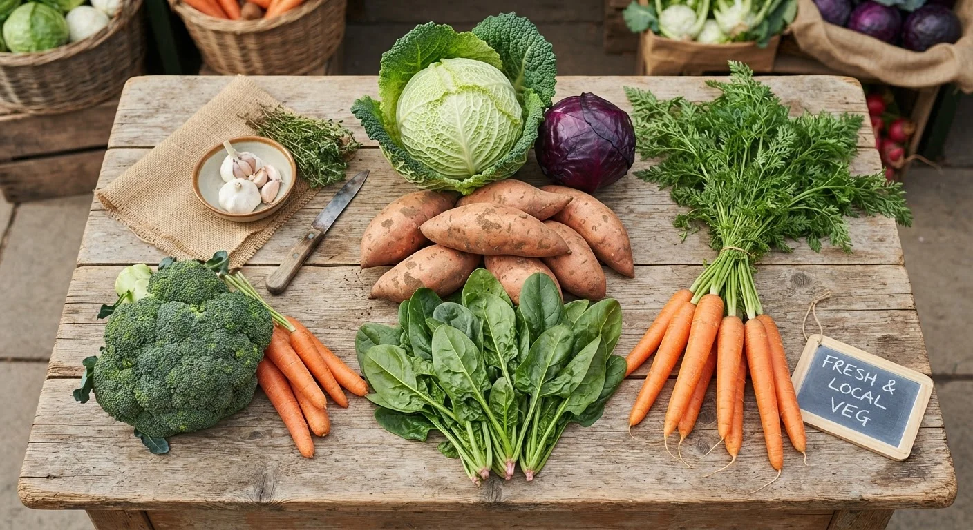 An assortment of colorful fresh vegetables including carrots, cabbage, sweet potato, and spinach arranged on a wooden surface