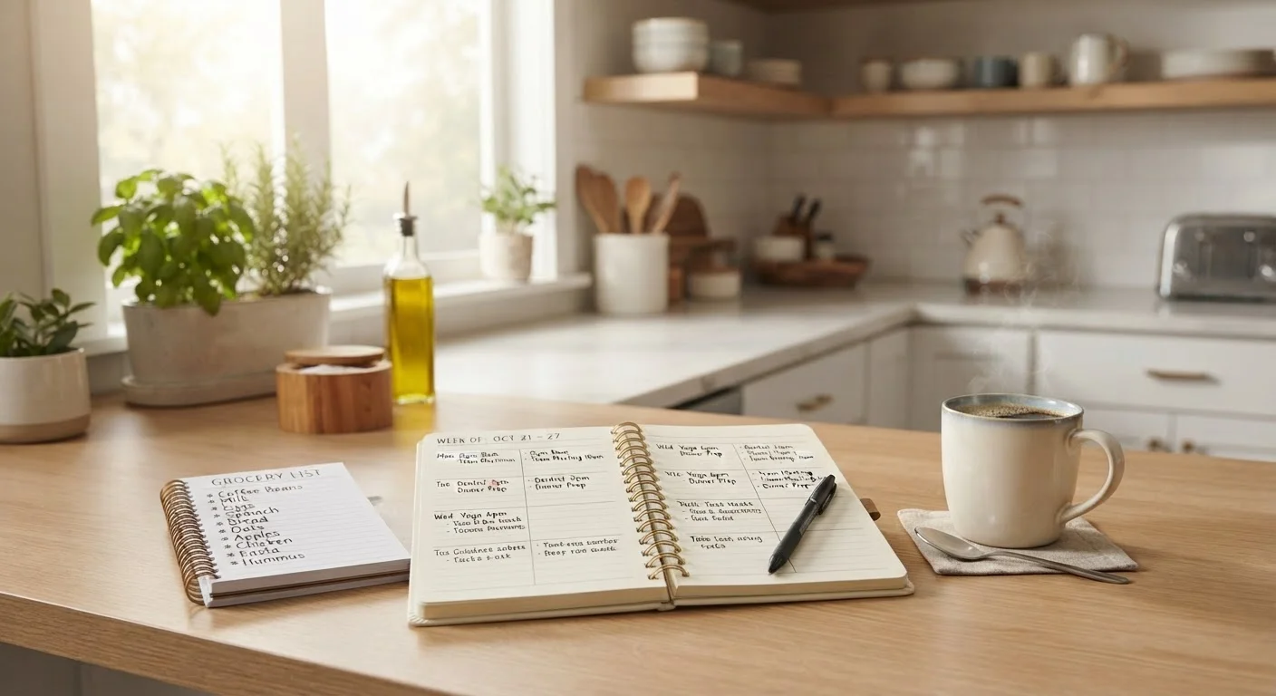 Weekly planner notebook open on a kitchen counter beside a grocery list and coffee mug.