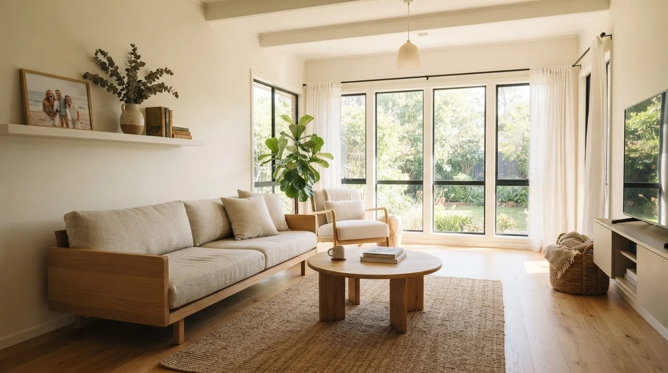 A simple, tidy family living room with minimal furniture and warm natural light