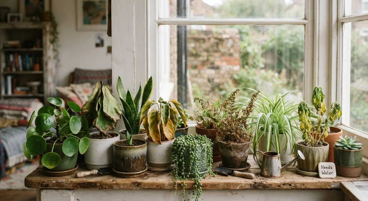 A windowsill displaying both healthy green houseplants and wilting yellow ones in terracotta pots